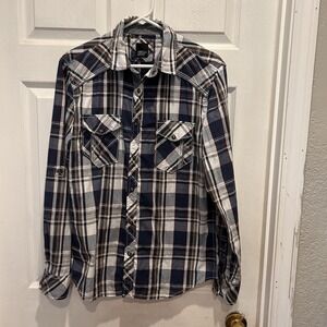 Various Artists Purple Blue White Plaid Long Sleeve‎ Pearl Snap Shirt Mens Large